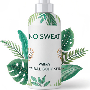 Wilko's Tribal Body Spray bottle in sleek white with vibrant green foliage design. Prominent 'No Sweat' and 'Tribal Body Spray' text. Minimalist yet nature-inspired packaging.