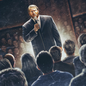 Dana White, in a formal suit, addressing a crowd at a tech conference. Serious expression, holding a microphone.