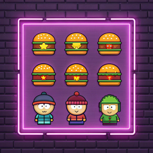 Pixel art illustration featuring South Park characters and hamburger icons on a neon purple backdrop. Arranged in a grid pattern.