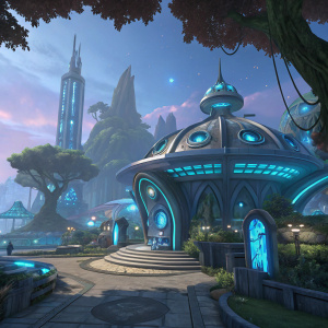 Digital concept art for Nexus Blitz from League of Legends. Naki Liu and Baobao Lu, the artists, created this futuristic alien structure with blue accents. Scene set in a vibrant 3D render.