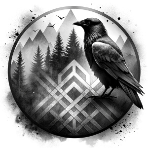 Yggdrasil vegvisir runes  geometric Symbols - raven and trees - perfect realistic art, high-definition, high-definition grey and black, white background 