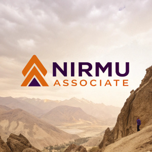 The logo for Nirmu Associate, a blend of modern design and bold colors. Features orange and purple tones with the text 'NIRMU ASSOCIATE' in striking relief. Set against a background of neutral, earthy hues.
