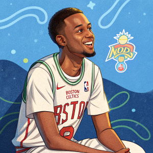 Coy Stewart, African American, wearing a white Boston Celtics jersey with red lettering. Relaxed pose at Nickelodeon Kids' Choice Sports Awards. Vibrant blue background with event logo