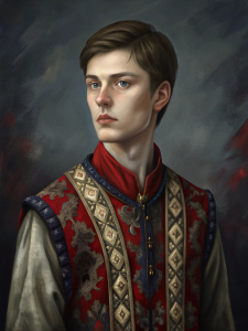 Portrait of a young man in rich medieval clothing, style Slavic