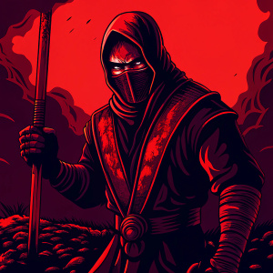 Line drawing of Scorpion from Mortal Kombat. Depicting the ninja with signature ghostly appearance, holding his trademark spear, standing on a battlefield scene