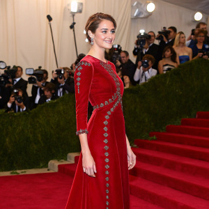 Shailene Woodley at the Met Gala. Wearing an elegant red velvet dress with intricate beading. Red carpet, photographers, and flashing lights.