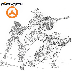 Illustration featuring the Overwatch team, black and white, line art. Characters positioned around a payload, engaged in battle. Overwatch logo at top right corner.