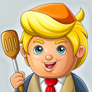 a cartoon image of donald trump wearing a mcdonald uniform, holding a spatucla and has a hair style like ronald mc donald