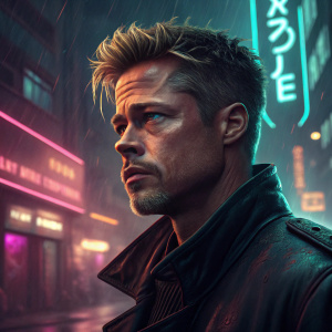 Brad Pitt, digital portrait. High detail, cyberpunk style background.