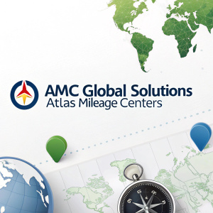 Promotional landing page for AMC Global Solutions' Atlas Mileage Centers. Clean, modern design. Logo breakdown: Blue, white, green. Design elements: Globes, compasses, maps. Showcases brand's identity.