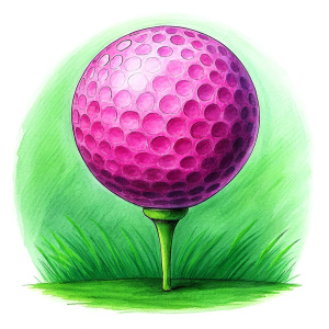 hot pink golf ball on a green golf tee, white background