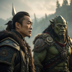 Promotional image for 'Warcraft'. Asian man in warrior outfit, intense expression. Next to imposing orc-like creature with scaly skin. Daniel Wu featured.