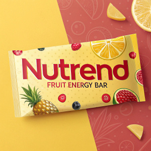 Modern, vibrant design for Nutrend Fruit Energy Bar. Yellow background with red accents. Prominent display of brand name Nutrend and product name Fruit Energy Bar. Dynamic graphic elements for a striking visual impact.