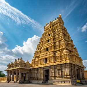 The majestic golden temple, a marvel of intricate carvings and detailed designs, stands tall against a backdrop of clear blue sky with wispy clouds. The multi-tiered edifice, adorned with elaborate ornamentation, statues, and figures, contrasts beautifully with the azure sky.