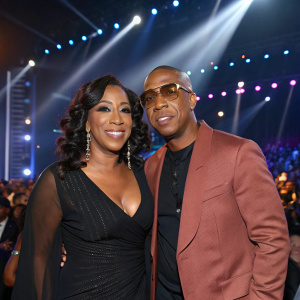 Aisha Atkins and Ja Rule at the Soul Train Awards. Bright lights and audience visible in background.