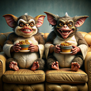 Obese Gremlins eating burgers and sitting on a couch