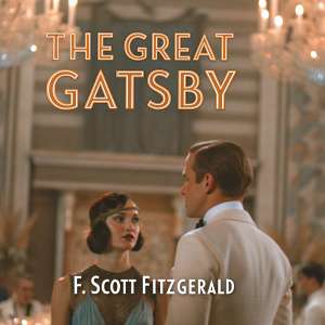 Book cover for 'The Great Gatsby' by F. Scott Fitzgerald. Green cover with gold lettering, featuring a roaring twenties scene. The title 'The Great Gatsby' in large bold font, author's name 'F. Scott Fitzgerald' in smaller elegant font.