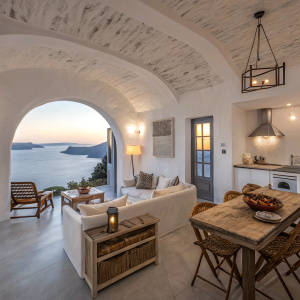 Luxury villa rentals in Santorini, Greece. White-washed walls, traditional Greek architecture. Floor-to-ceiling windows with breathtaking sea views. Cozy living room with plush seating, modern kitchen. Rustic wooden tables and chairs. Soft, ambient lighting.