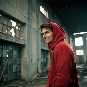 Tom Cruise, starring at the camera with a confident smirk, standing in front of an abandoned warehouse. Wearing a red hoodie.