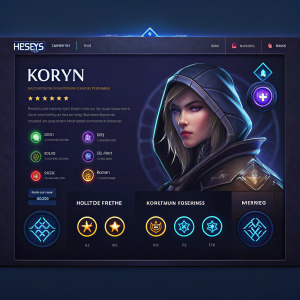 Interactive screen of Heroes of the Storm featuring Korryn. Character stats, abilities, and level displayed. Dark background with glowing runes