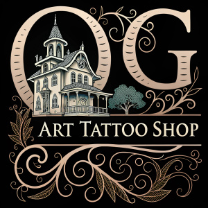 Design a logo for 'Art Tattoo Shop'. Incorporate stylized '0G' symbol with intricate tattoo and architectural elements. Include shop's contact details. Black background.