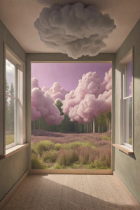 hyper realistic clouds, surreal clouds, dreams invading mundane spaces, beautiful cloud, in style of rene magritte, clouds. fantasy, peaceful cloud, rob gonsalves and tim white, inspired by Rene Magritte, house in the forest outside the windows, surreal photo