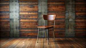 wood chair, wall steel old texture,top view, real photo, natural brown,