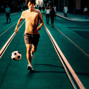 Ki Sung-yueng, the midfielder, running through a bustling city street, holding a soccer ball.