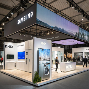 Samsung and Knix unveil innovative tech at MWC Barcelona. Sleek booth design, showcasing latest gadgets and fashion tech.