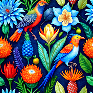 exotic orange craft paper with  purple -red  exotic fantastic birds   and  yellow exotic flowers  and white  wild flowers ,flame  sweet paes, red  artichokes ,gladiolus 