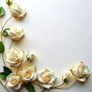 white and gold roses with stems for a corner design on a white background