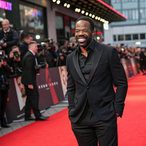 Chike Okonkwo at 'The Tragedy of Macbeth' premiere. Dressed in black suit, smiling confidently. Red carpet with photographers