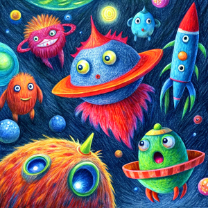 Playful monsters explore the wonders of outer space in vibrant crayon pastels. Perfect for kids' imaginations!