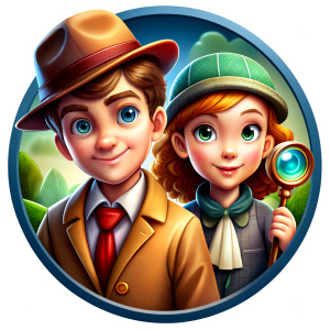 Crea un icono de un niño y una niña detective con una lupa sin fondo