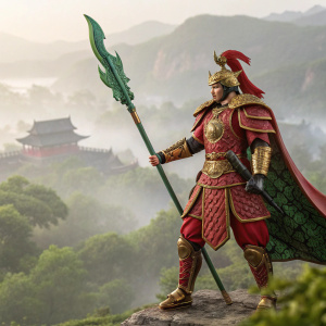 A detailed 1/6 scale action figure inspired by Guan Yu from *Romance of the Three Kingdoms*. The warrior wears vibrant red armor with golden accents. Set against a misty, ancient Chinese landscape backdrop.