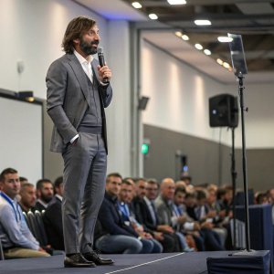 Andrea Pirlo, wearing a grey suit, speaking at a sports conference. Crowd in the background.