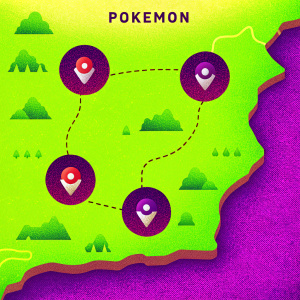 Interactive digital map showcasing regions, creatures, and quest goals of the Pokémon universe. Text in Spanish.