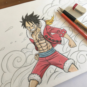 A rough sketch of Monkey D. Luffy, depicted in Gear 4 form, with dynamic lines and bold features. Colored pencils and a pencil sharpener are visible in the corner of the white paper.