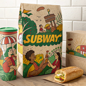 Concept art for subway sandwich packaging. Vibrant illustrations of people against a rustic, textured backdrop. Subway logo in playful, cartoonish style.