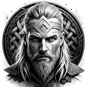 walhalla, viking warrior,  runics face, black work, white backrounds