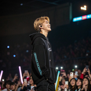 Jaemin from NCT Dream at a concert. Wearing a black hoodie, cool vibe. Audience in the background