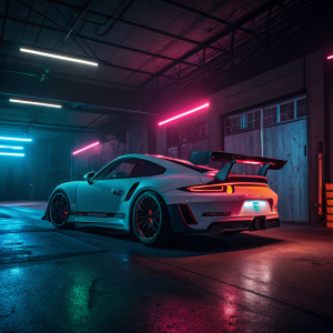 Photorealistic image of a Porsche GT3 RS. Lit up by neon lights in a dark garage. Vibrant colors highlight the sleek design and tail lights.