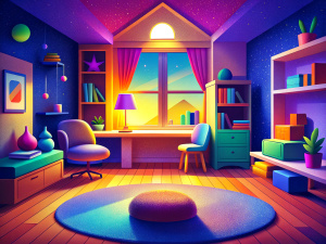 beautiful colourful room for kids wuith a desk, bed, chair, toys, lamp, bookshelf, carpet, sofa, cushions, mirror, pictures, posters