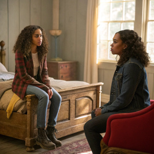 Jessica Sula and Sharon Leal in a tense scene from Recovery Road. Jessica, playing Maddie, sits on an old wooden bed with curly hair. Sharon, as Charlotte, is in a red chair. Soft, natural lighting illuminates a room with rustic and modern elements.