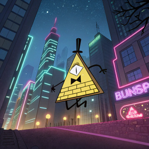 Bill Cipher from Gravity Falls, floating in a neon-lit cityscape at night. His iconic tri-pointed hat and mischievous grin are clearly visible.