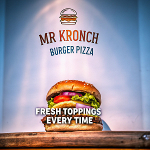 Ad for Mr Kronch Burger Pizza. Large burger with fresh toppings. Spanish text. Clean background.