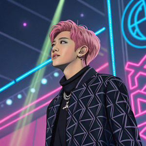 Chanyeol, member of EXO, standing on a neon-lit stage. Pinkish hair, blue eyes, wearing black jacket with a geometric pattern.