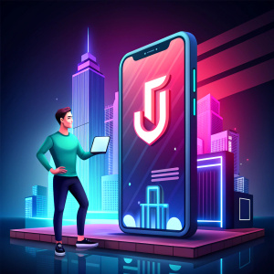 Create an image promoting the TikTok Shop Creator course with the TikTok logo prominently displayed. Include the TikTok app interface on a mobile device, featuring the course name. Depict a male figure holding a mobile device, standing confidently in a digital environment within a tall building.