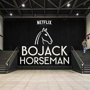 Promotional image for 'Bojack Horseman'. Black background, white and grayscale elements, Netflix logo, series title