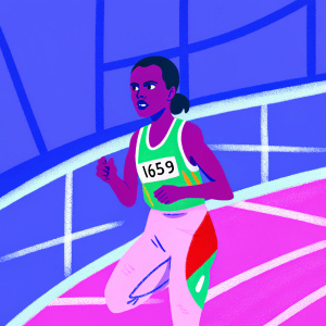 Ethiopian athlete Tirunesh Dibaba in action during a world championship event. She is wearing a green and white sports jersey with the number 1659, and red and white track pants. The indoor track, with its red-brown surface and white lane markings, is clearly visible. A high-resolution image showcases her intense focus.